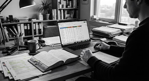 A cluttered desk with ledgers and a laptop showing a dense spreadsheet